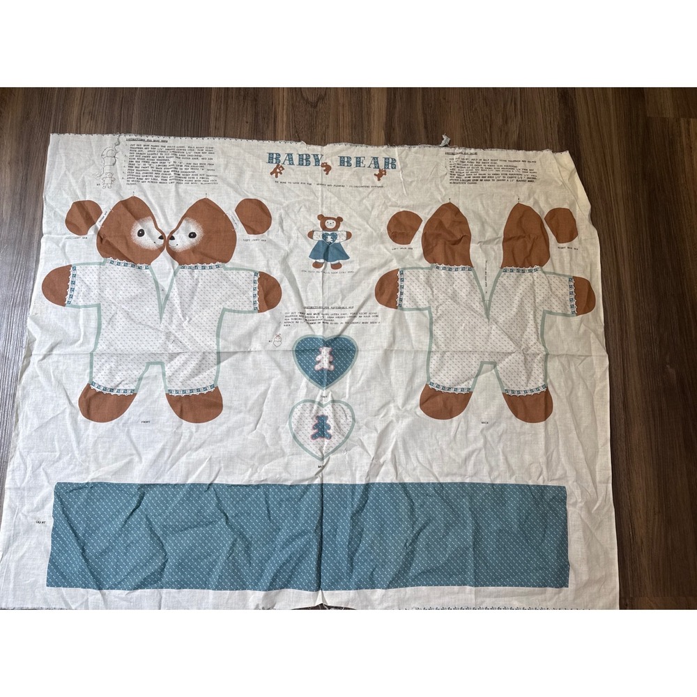 Springs Industries Baby Bear Fabric Panel DIY Plush Craft‎ Blue White Vintage